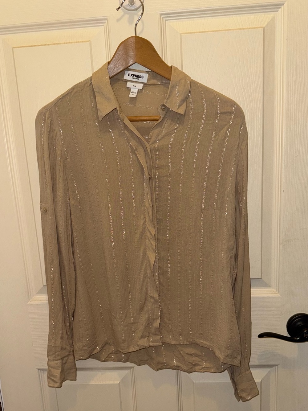 Express Metallic Taupe Button-Front Blouse